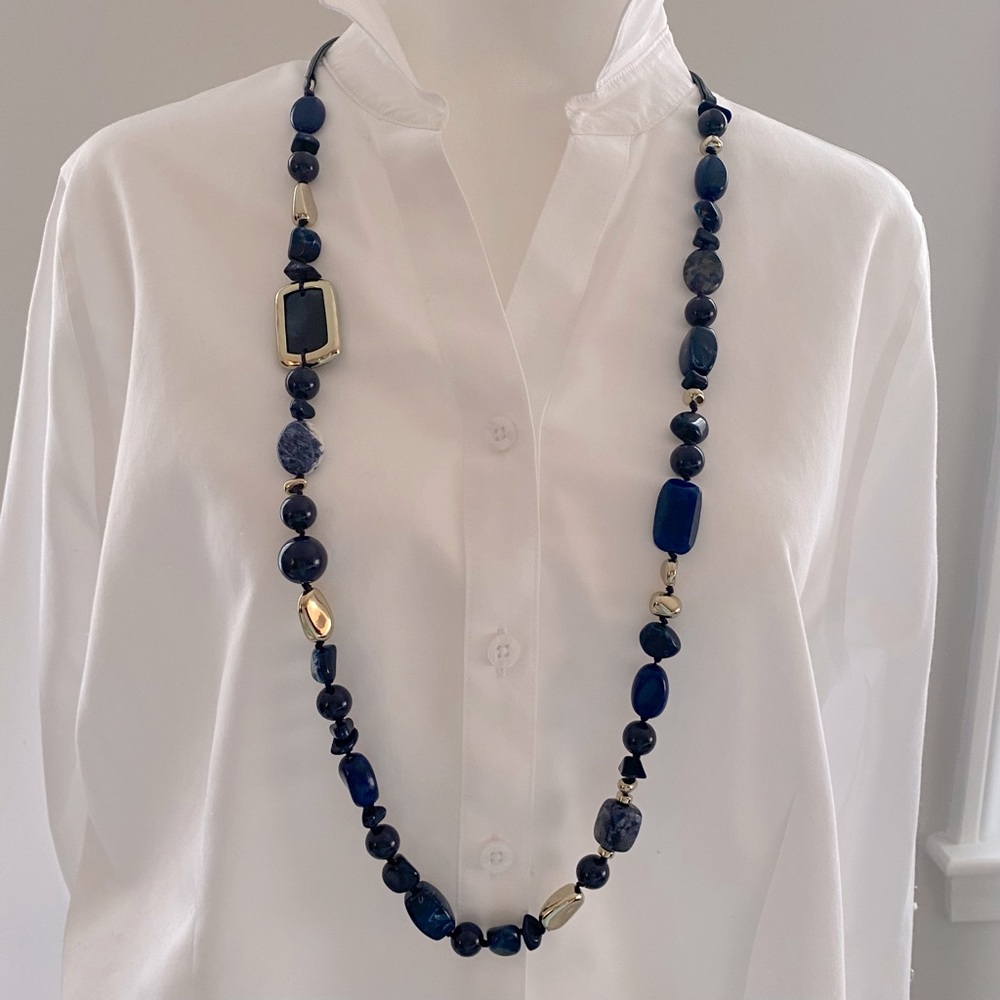 Chico's Long Navy and Gold Beaded Necklace